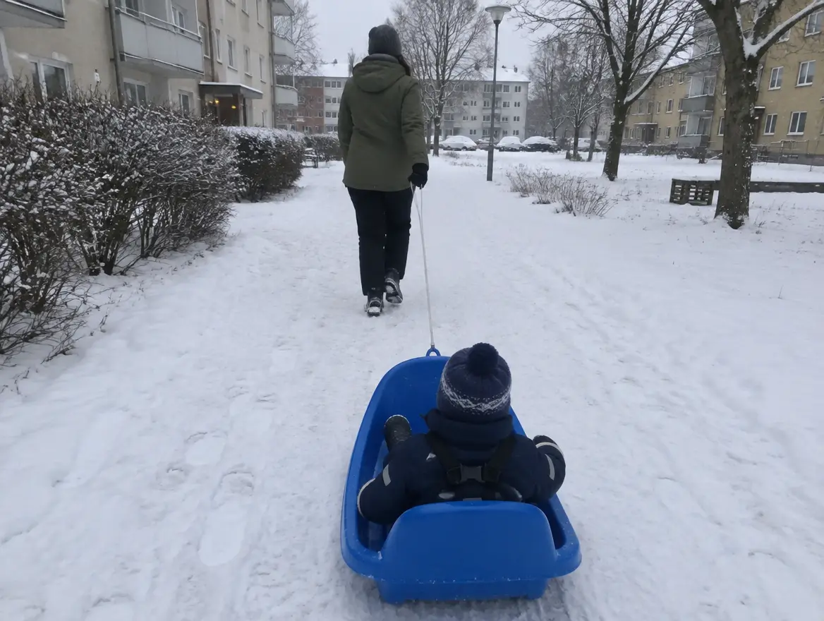En förälder drar en babypulka med ett fastspänt barn på en snöig gångväg