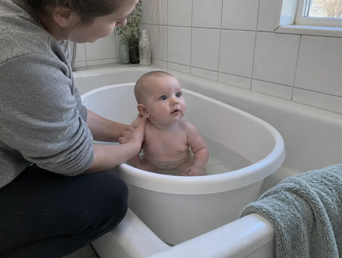 En förälder håller en bebis i en badbalja med lite vatten i badkaret