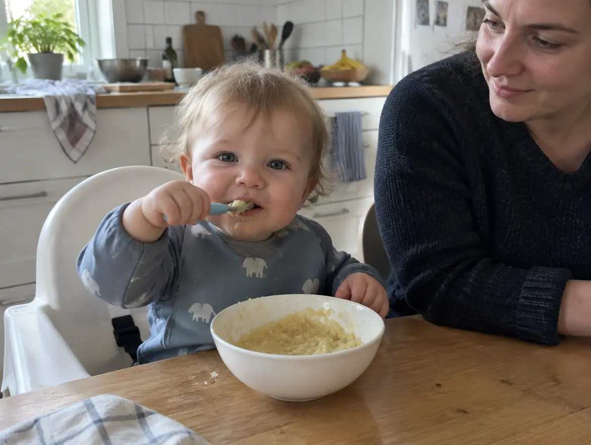 Ett litet barn i barnstol äter själv med en kort barnsked medan en förälder sitter bredvid