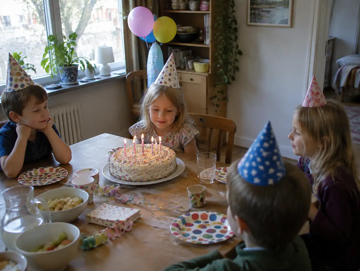 Barn med partyhattar sitter runt en tårta med tända ljus