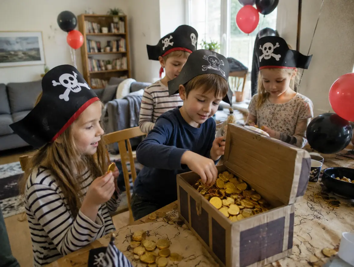 Barn med piratmössor runt en skattkista med chokladpengar