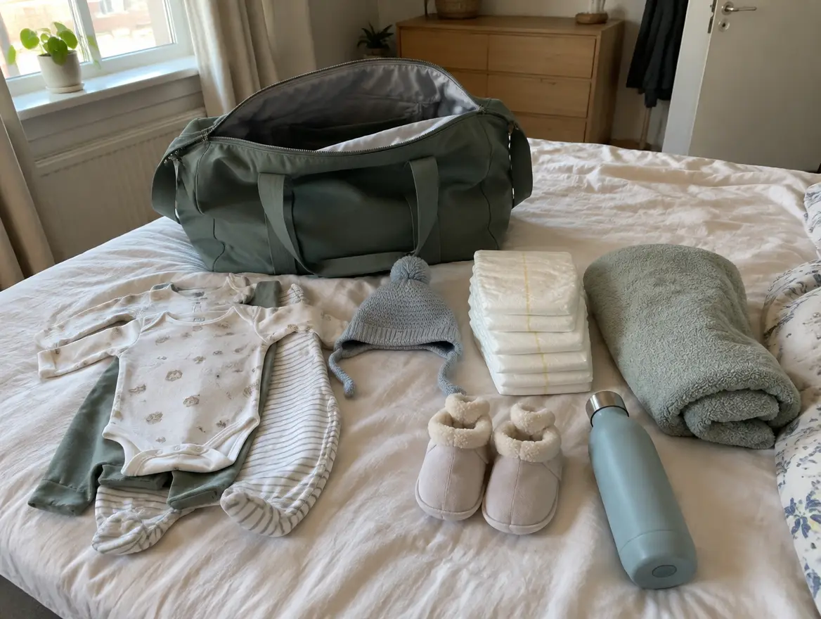 En BB-väska på sängen med babykläder, mössa, blöjor och tofflor