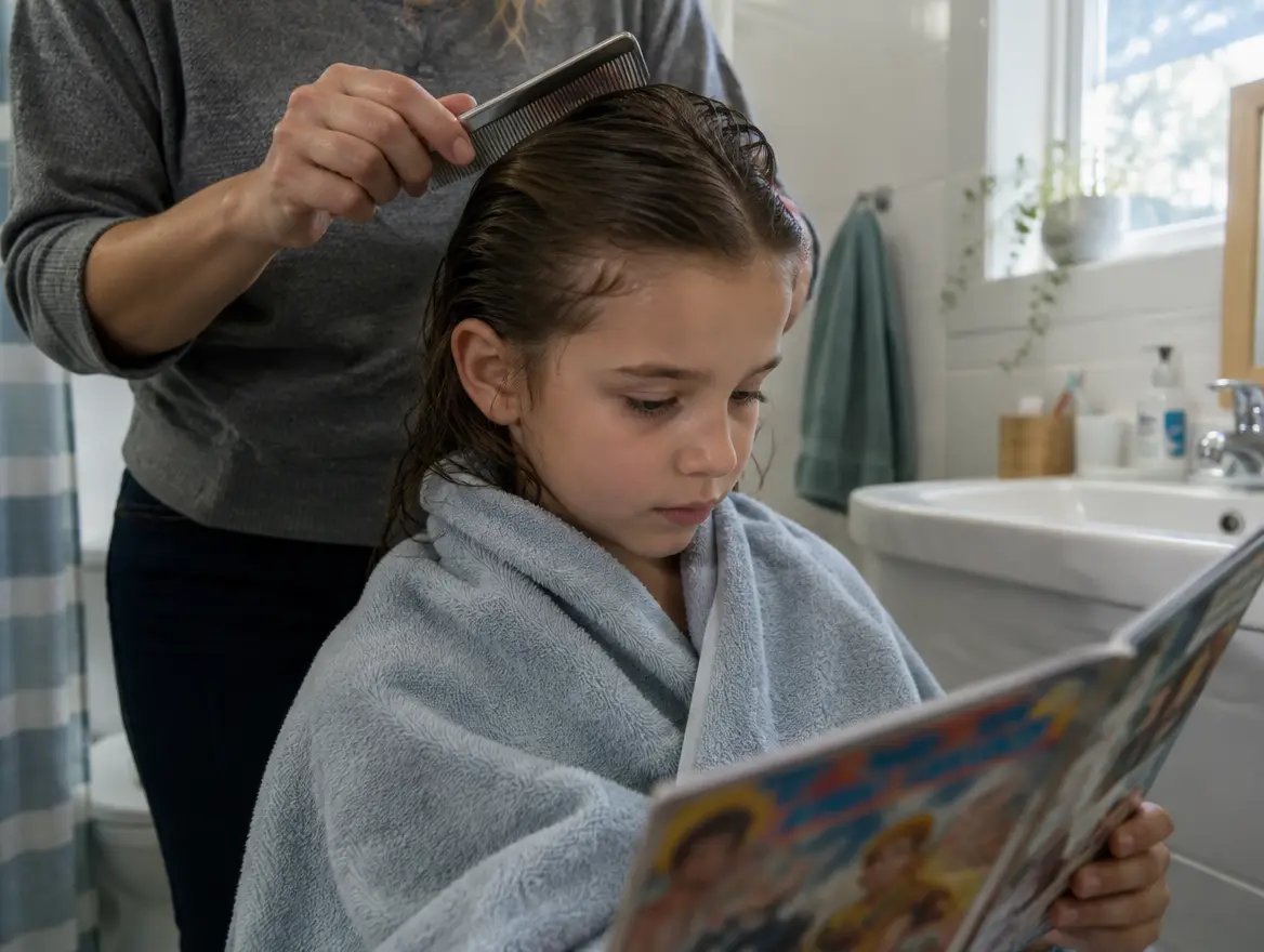 En förälder kammar barnets blöta hår med en luskam