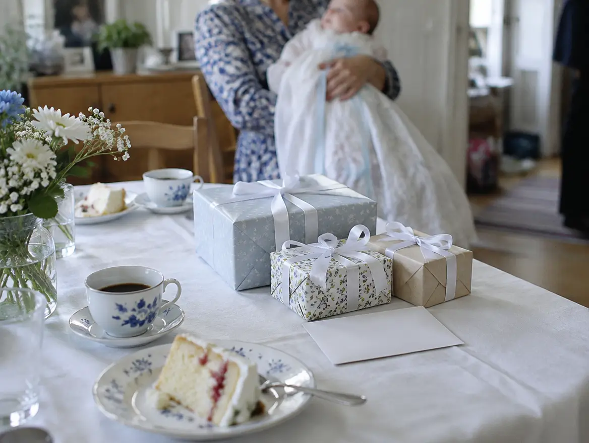 Inslagna paket, ett kort och en tårtbit på dopkaffet, med en bebis i dopklänning i bakgrunden