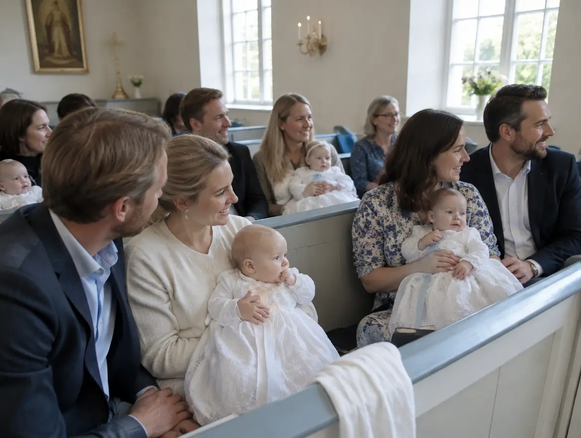 Familjer med döpbarn i vita dopklänningar sitter i kyrkbänkarna