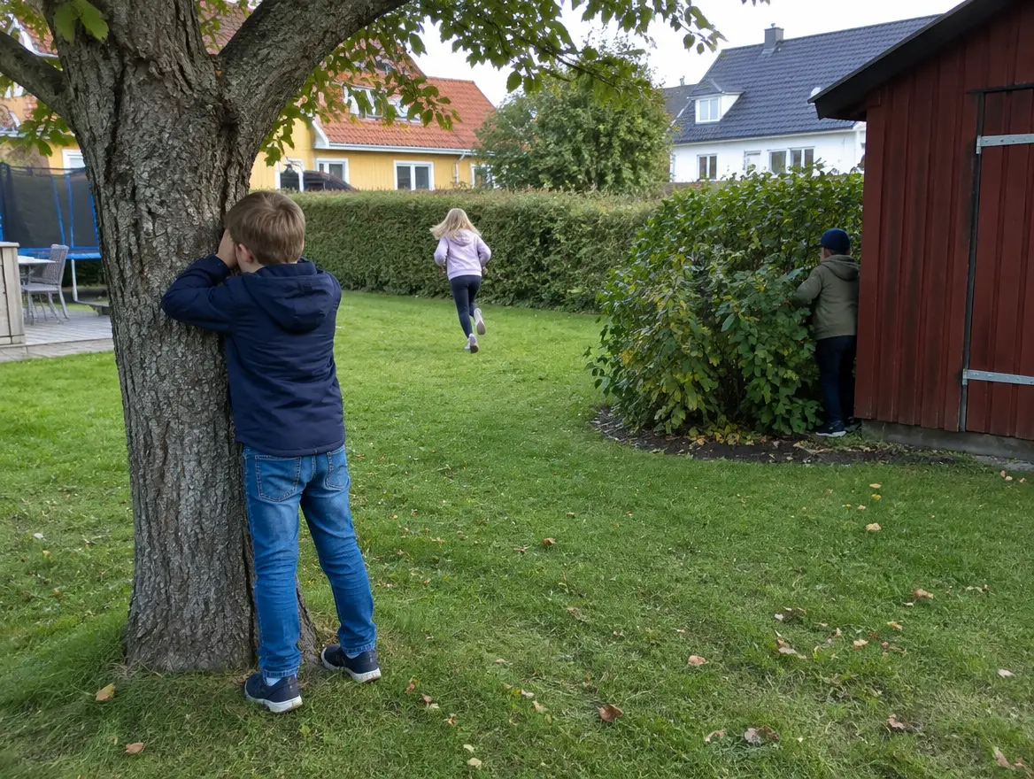 Ett barn räknar vid ett träd medan andra springer och gömmer sig