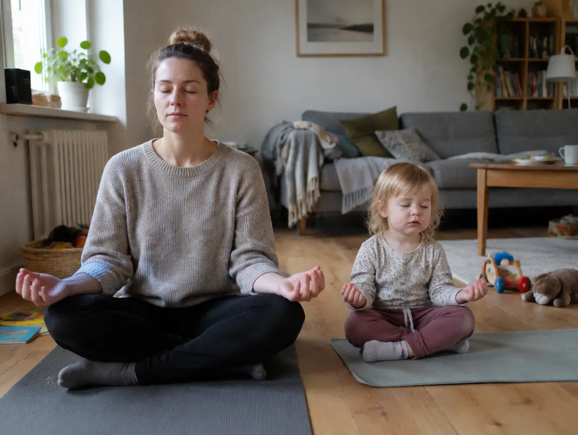 En förälder gör en andningsövning på yogamattan med barnet bredvid