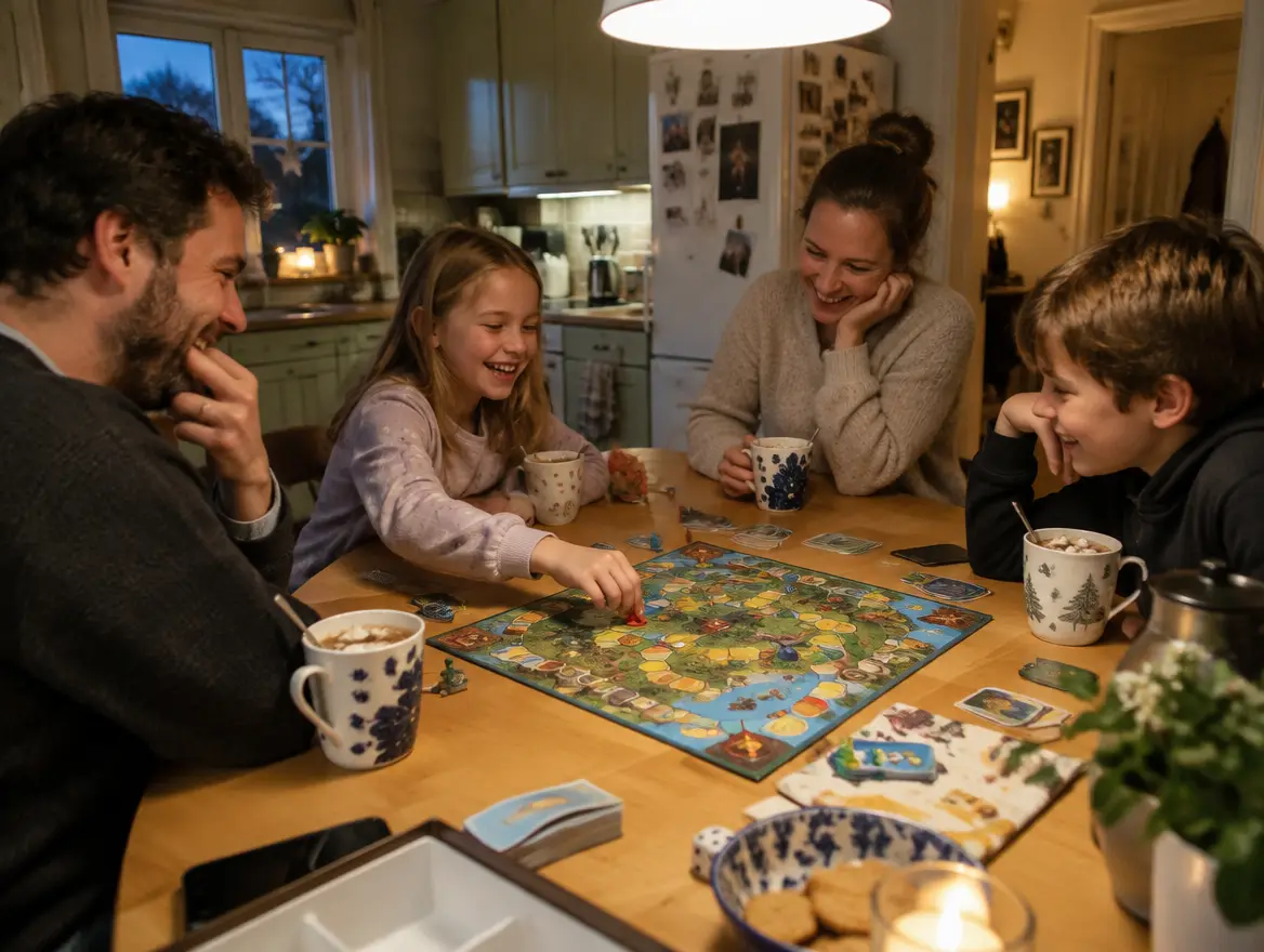 En familj spelar sällskapsspel vid köksbordet