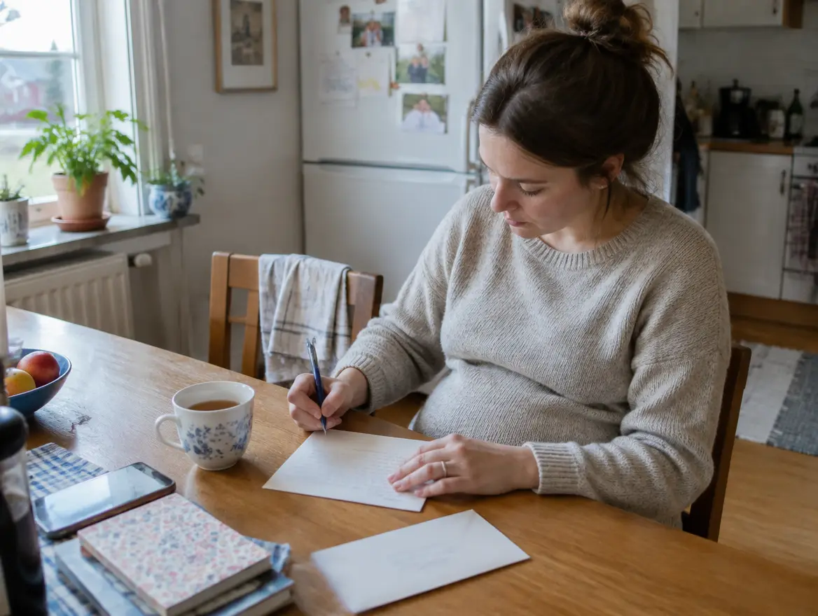 En gravid kvinna skriver ett brev för hand vid köksbordet