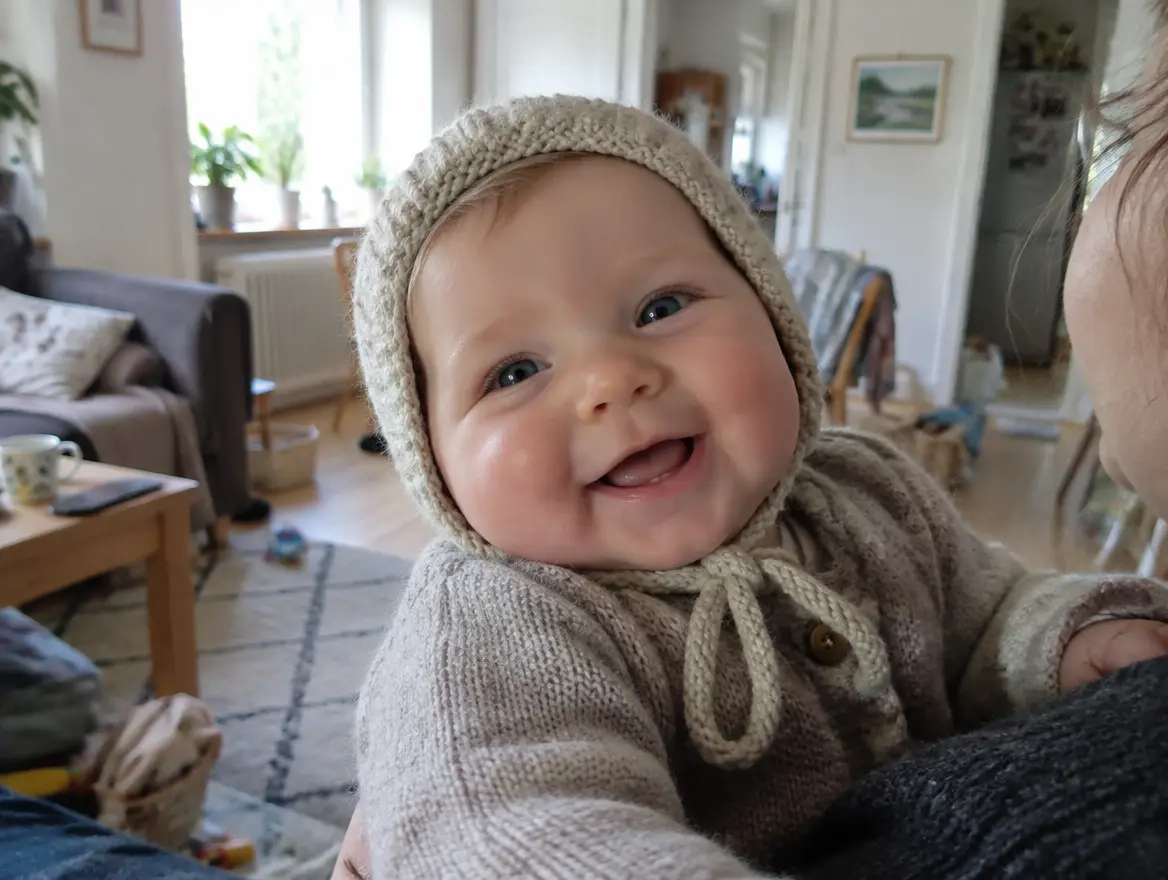 En leende bebis i stickad mössa i en förälders famn