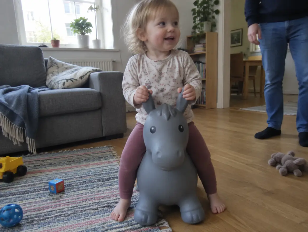 Ett litet barn sitter grensle på ett grått hoppdjur i vardagsrummet och håller i öronen