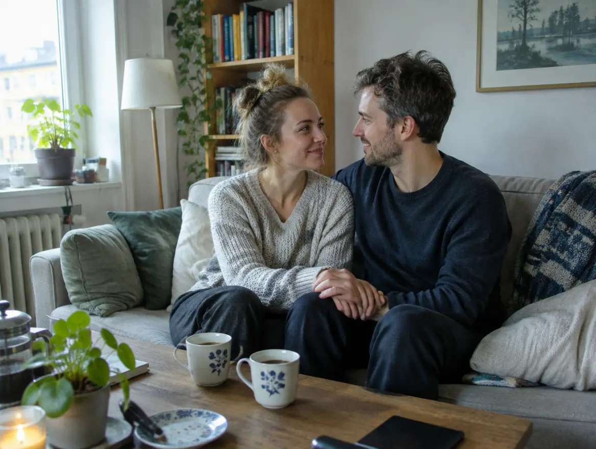 Ett par sitter i soffan och håller varandra i handen