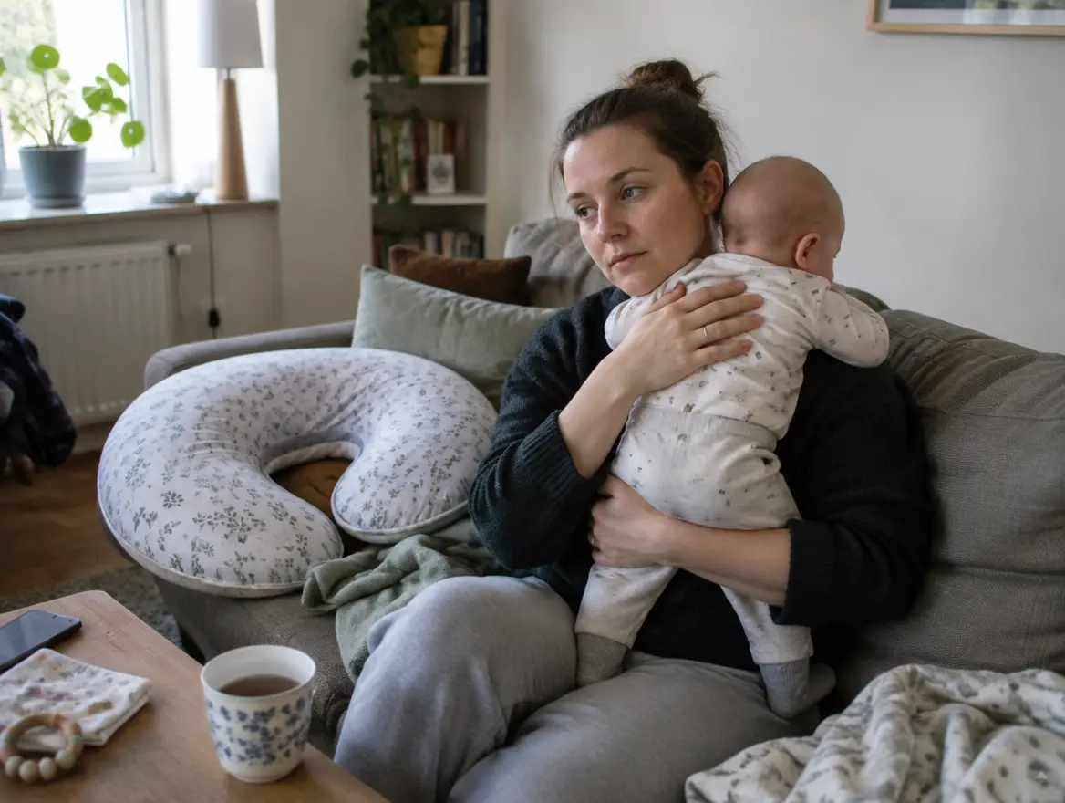 En mamma i soffan håller sin bebis mot axeln