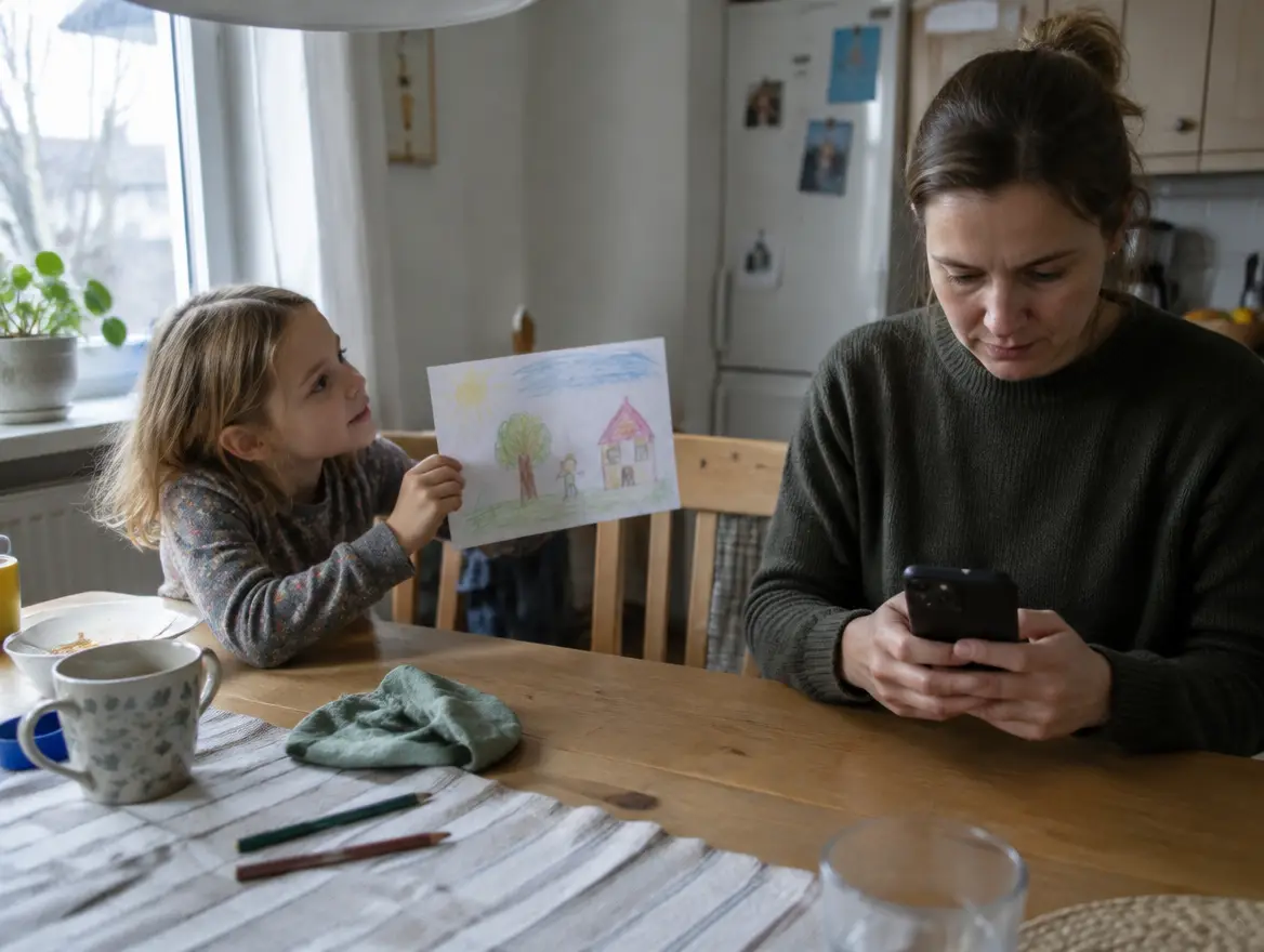 Ett barn visar en teckning för en förälder som tittar i mobilen