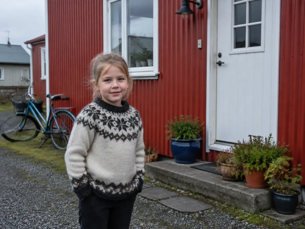 Ett barn i isländsk ylletröja framför ett rött hus