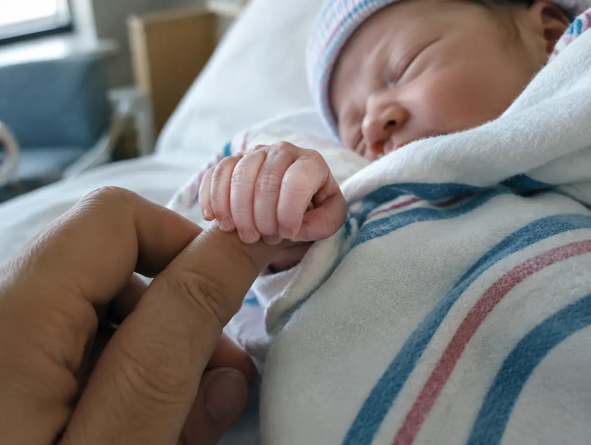 En nyfödd bebis griper om pappans finger