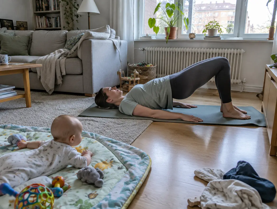 En kvinna gör en bäckenlyftning på yogamattan med bebisen bredvid