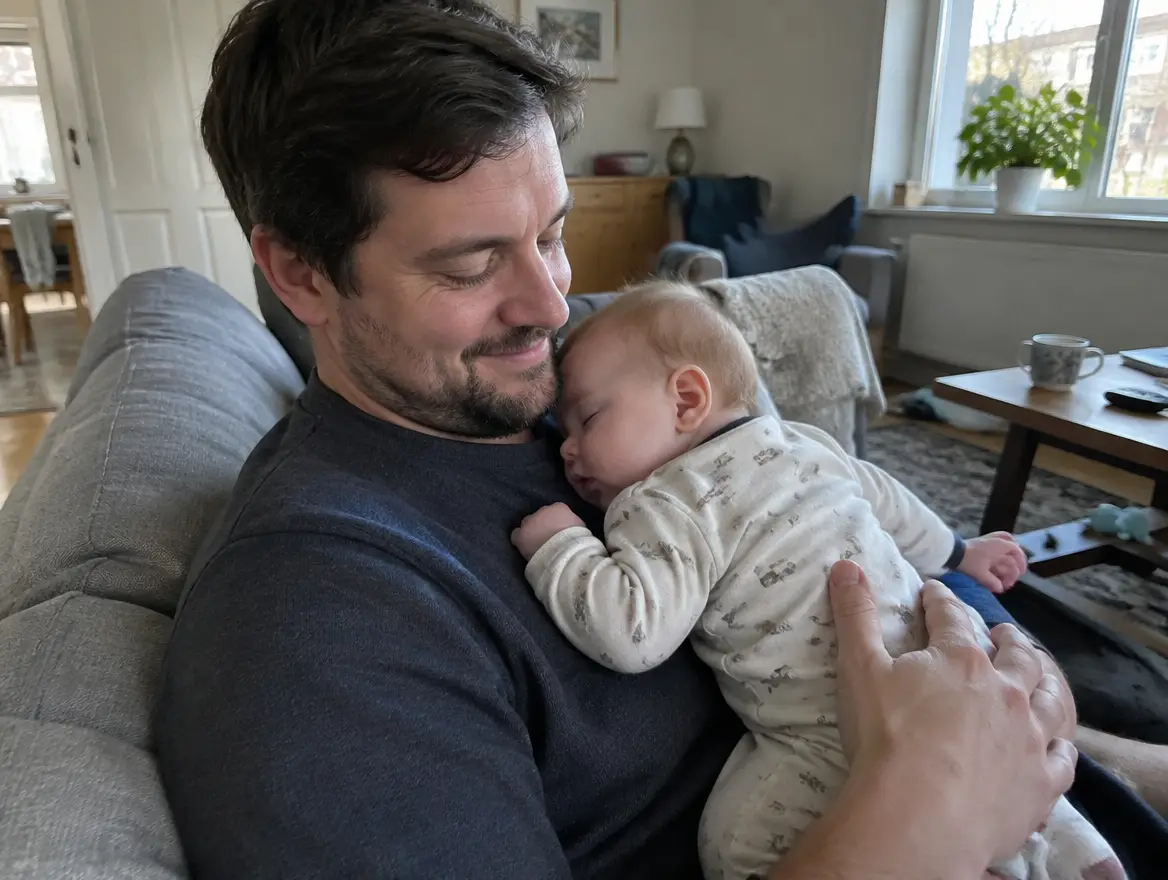 En pappa sitter i soffan och ser ner på sin sovande bebis på bröstet
