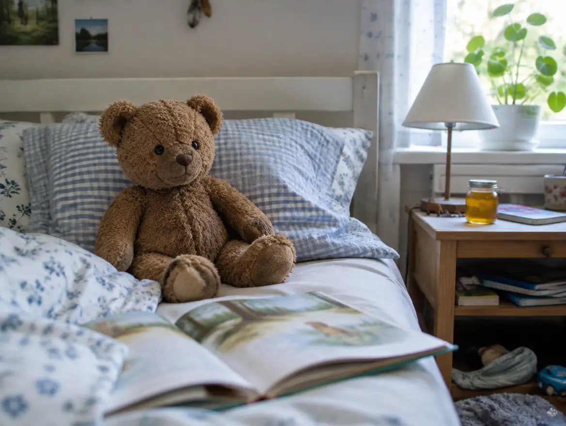En gammal brun nalle sitter på en barnsäng bredvid en uppslagen bilderbok