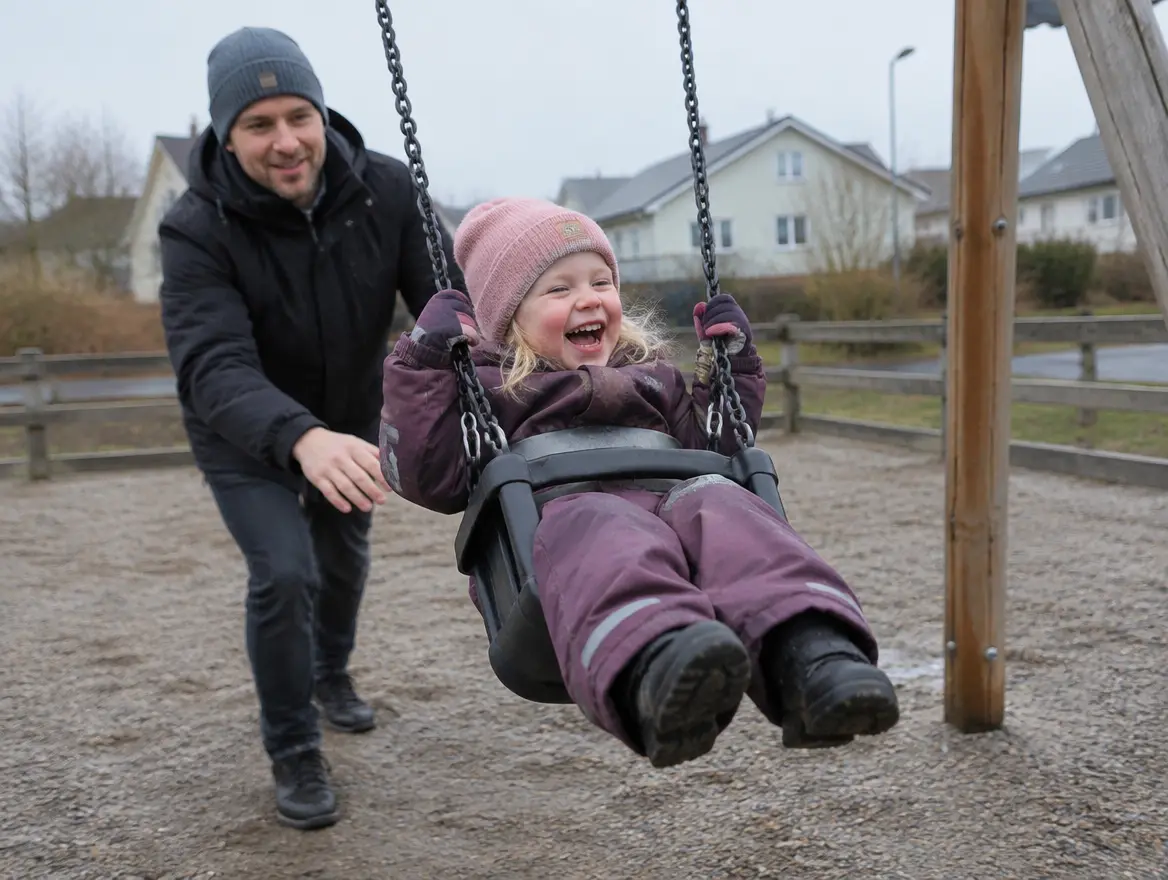 En förälder puttar ett skrattande barn i gungan