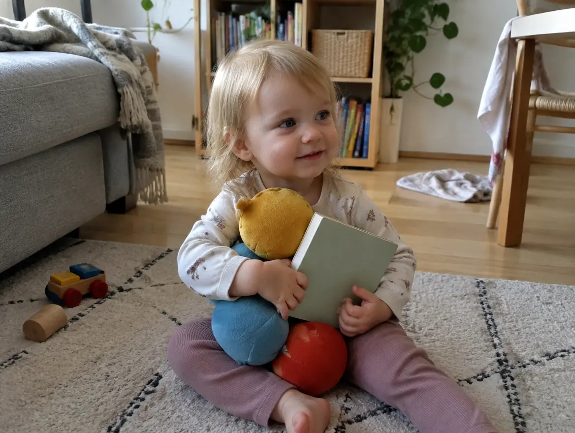 Ett litet barn kramar färgglada tygbollar och en pekbok på mattan
