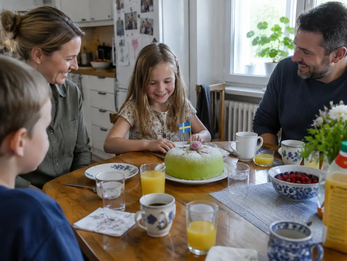 En familj firar namnsdag med prinsesstårta vid köksbordet