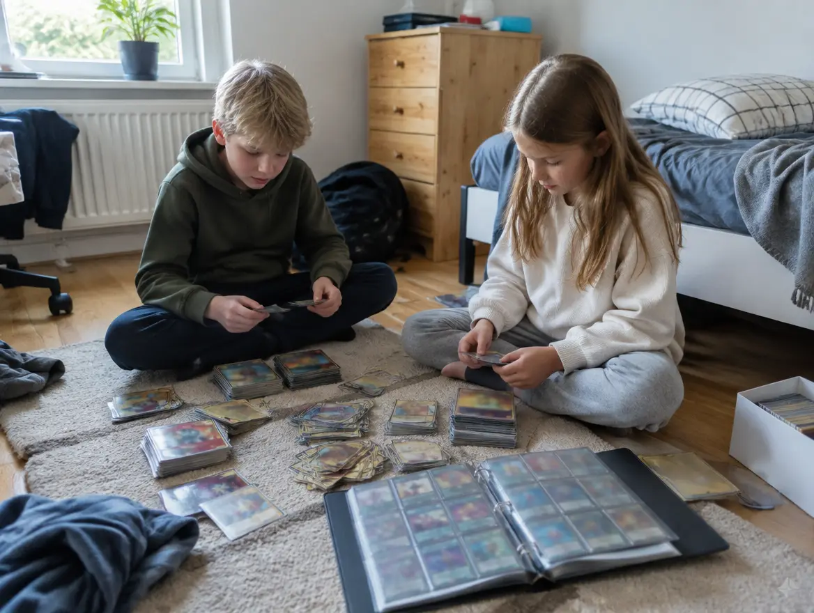 Två barn sorterar samlarkort i en pärm på golvet