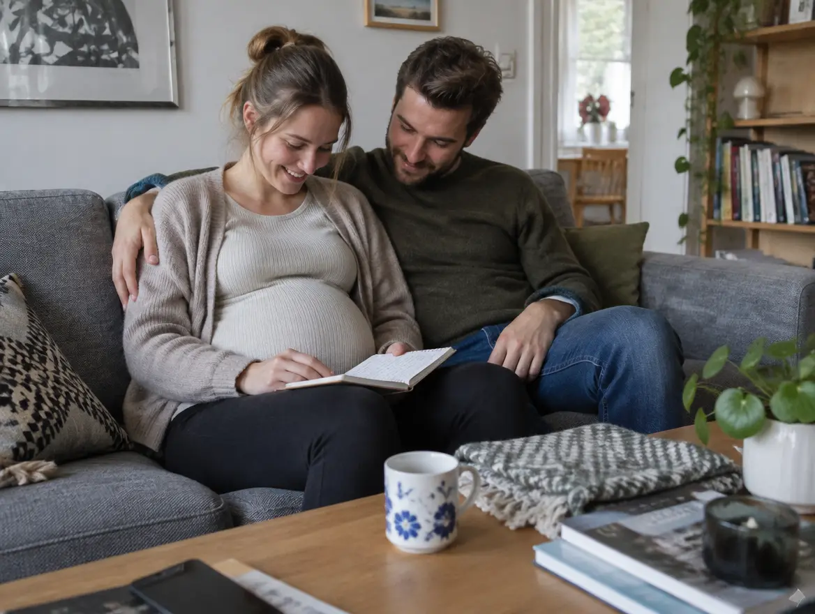 Blivande föräldrar sitter i soffan och läser i en anteckningsbok
