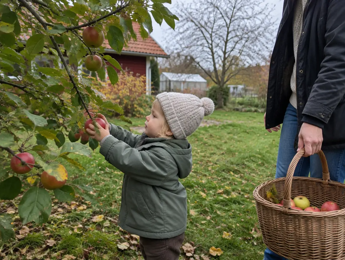 Ett litet barn plockar äpplen medan en förälder håller korgen