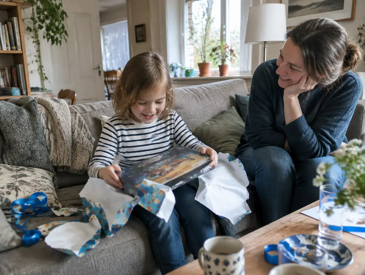 Ett barn öppnar en födelsedagspresent i soffan