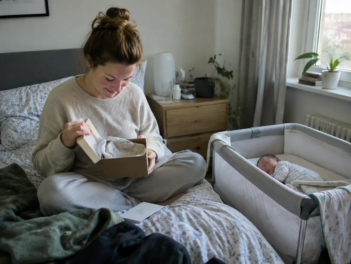 En nybliven mamma öppnar en present med bebisen sovande bredvid