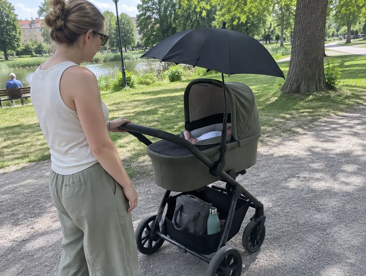 Ett parasoll fäst på barnvagnens chassi skuggar liggdelen en sommardag i parken
