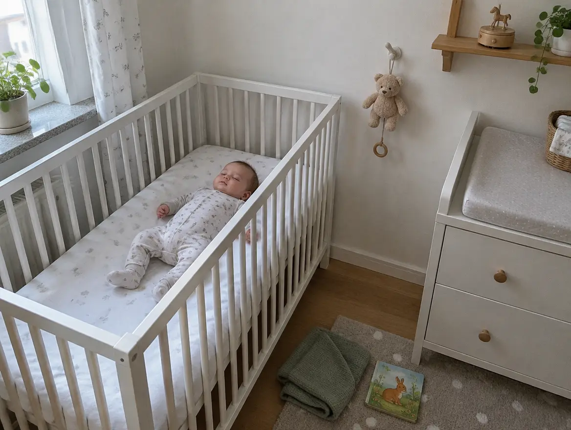 En bebis sover på rygg i spjälsängen medan en speldosa hänger på väggen bredvid