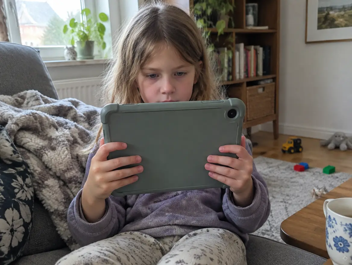 Ett barn sitter i soffan och tittar på en surfplatta i ett skyddsfodral