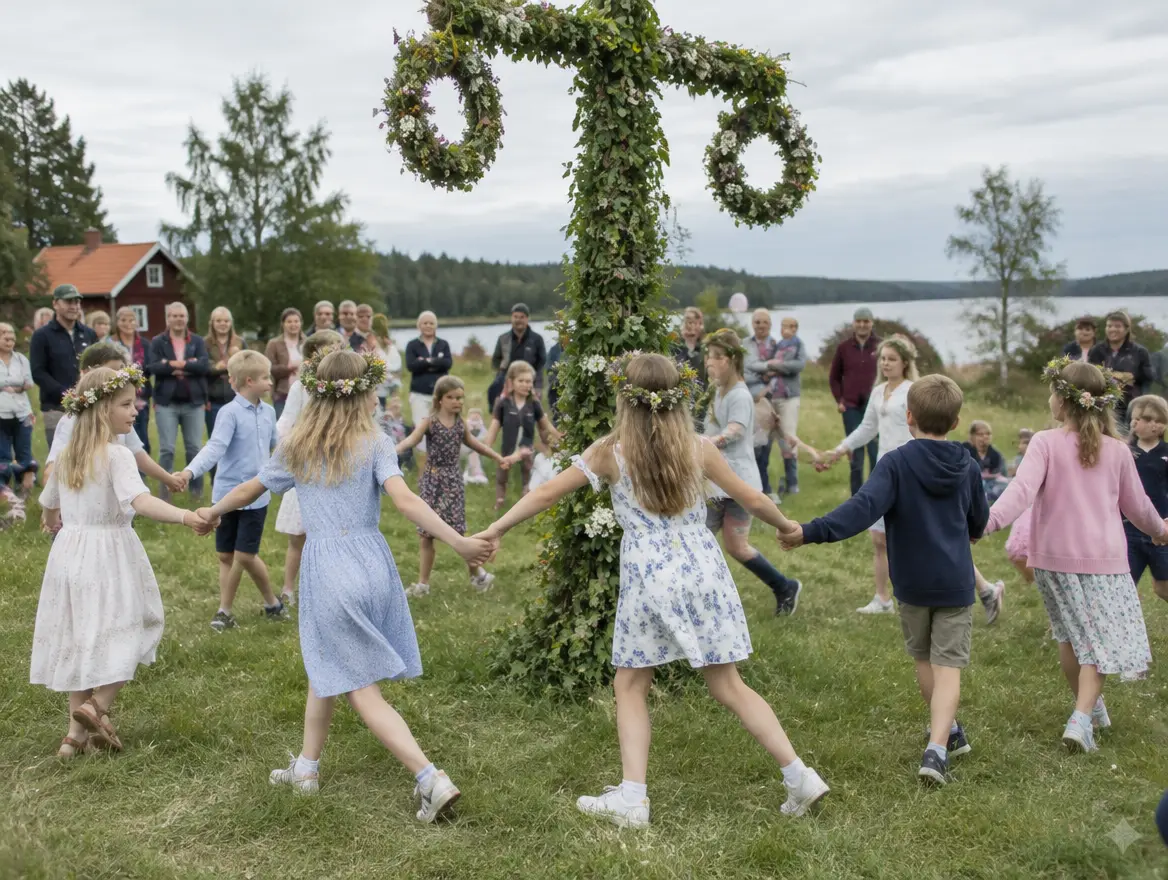 Barn med blomkransar dansar runt midsommarstången