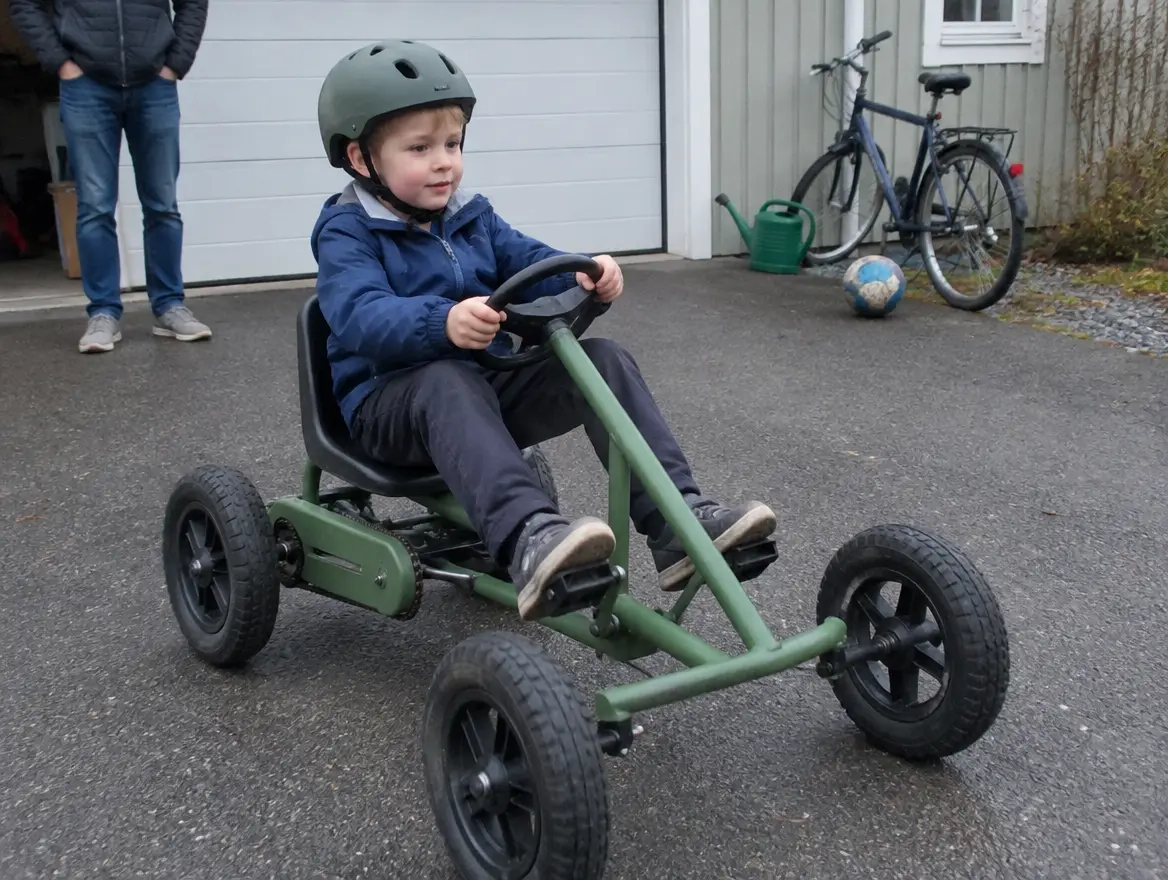 Ett barn med cykelhjälm trampar en go-kart på en uppfart framför ett garage
