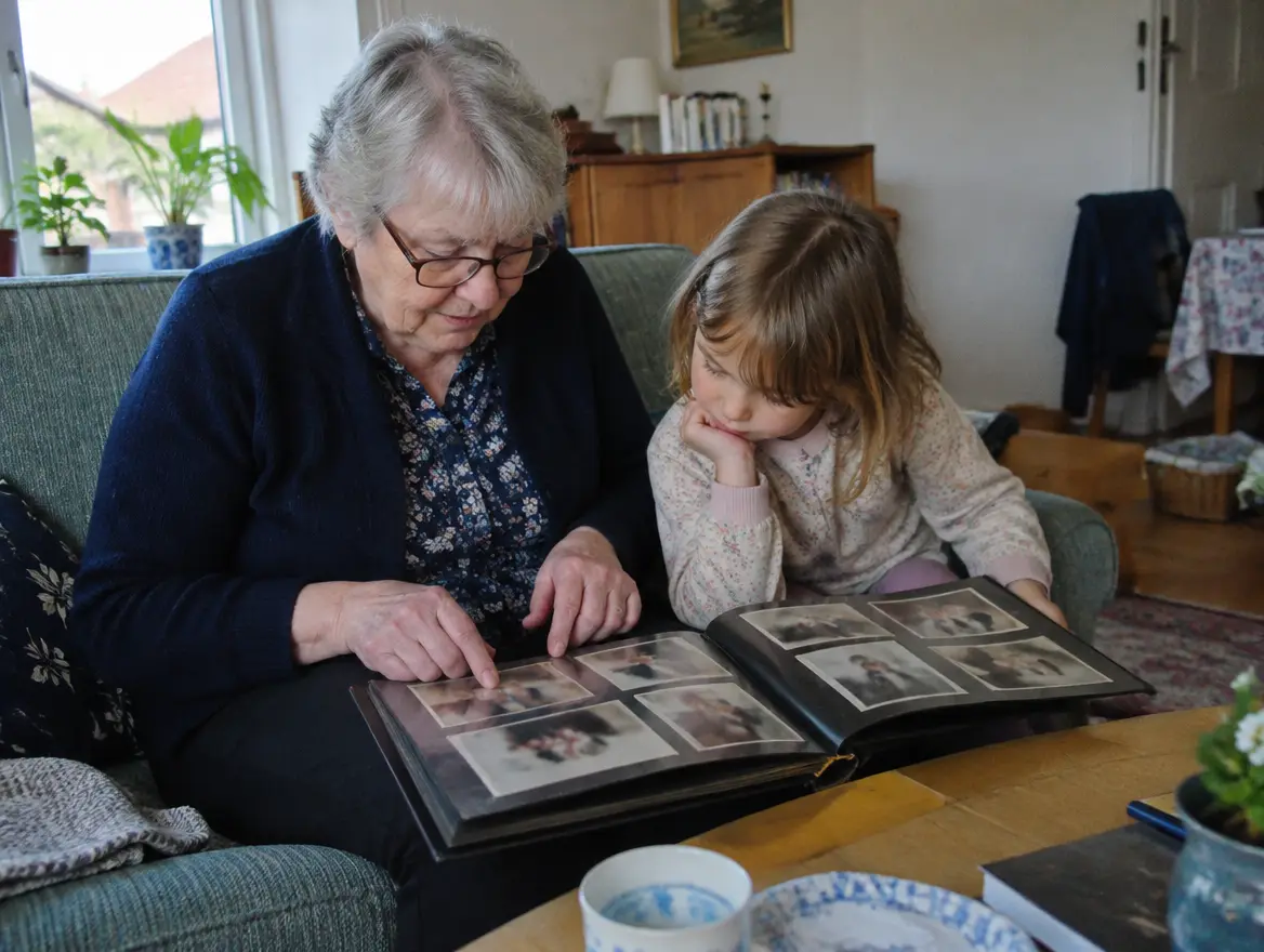 En mormor och ett barnbarn tittar i ett gammalt fotoalbum