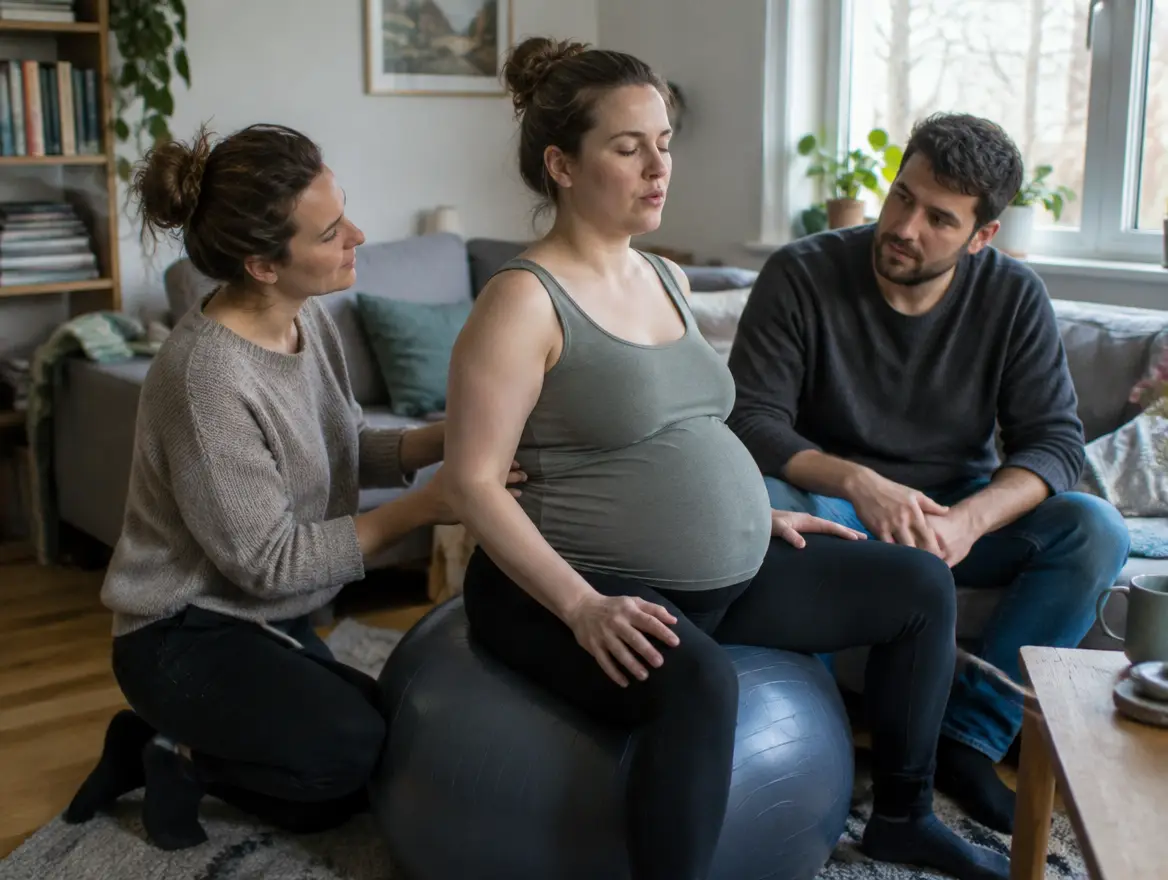 En doula visar en andningsövning för en gravid kvinna på en pilatesboll