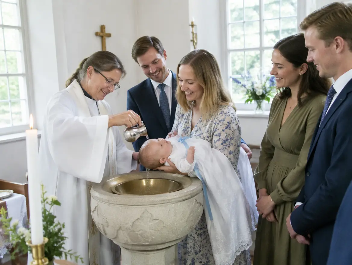 En präst döper en bebis vid dopfunten i en liten kyrka